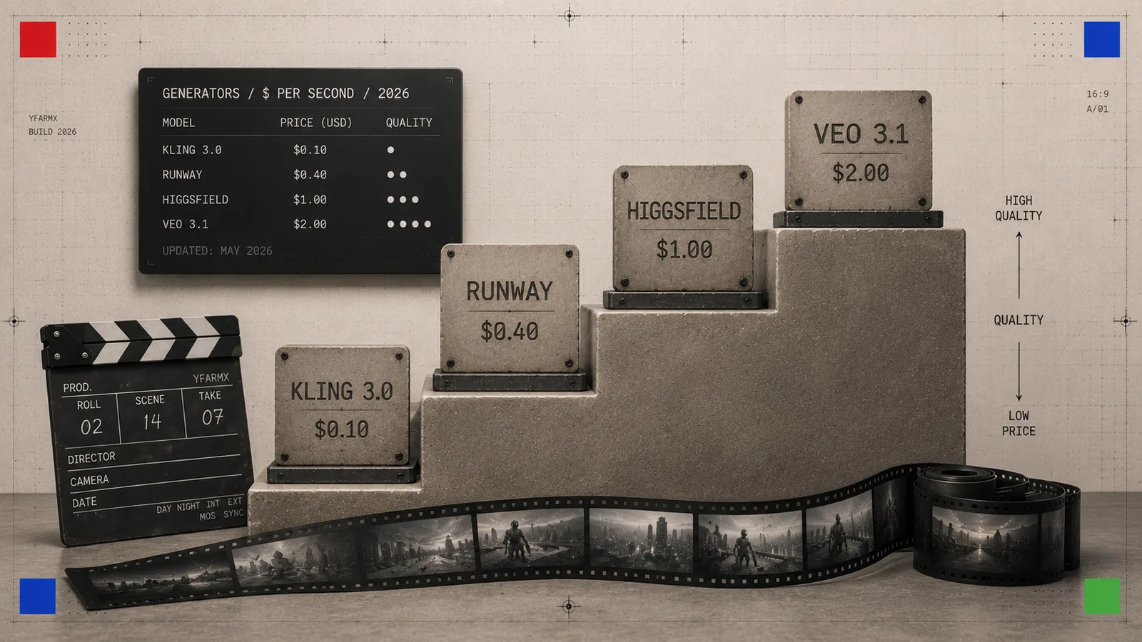 A rising ladder of plaques for Kling, Runway, Higgsfield and Veo, from low price to high quality
