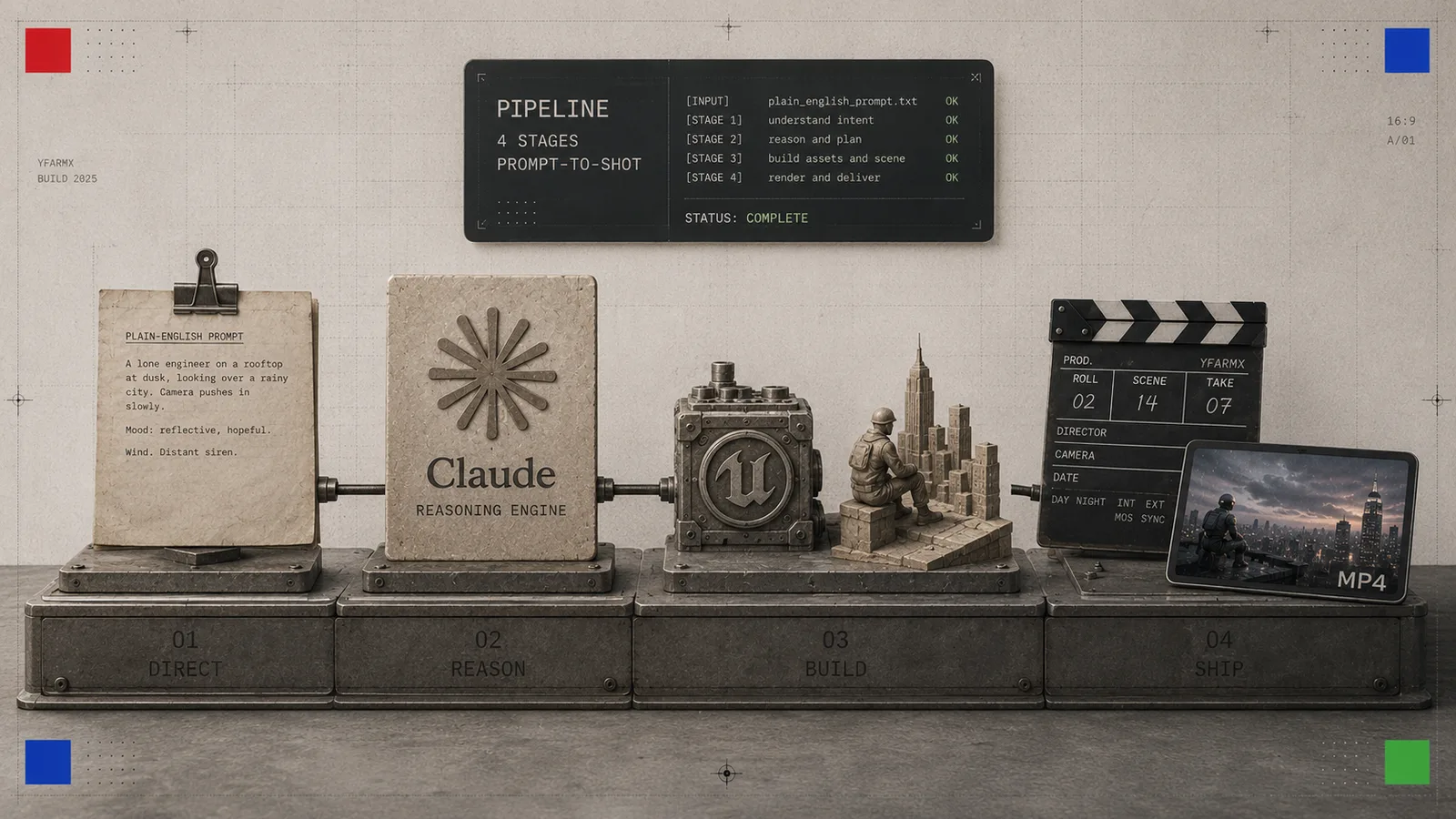 A four-station bench: Direct (a written prompt), Reason (Claude), Build (an Unreal engine block and city maquette) and Ship (a clapperboard and MP4 tablet)