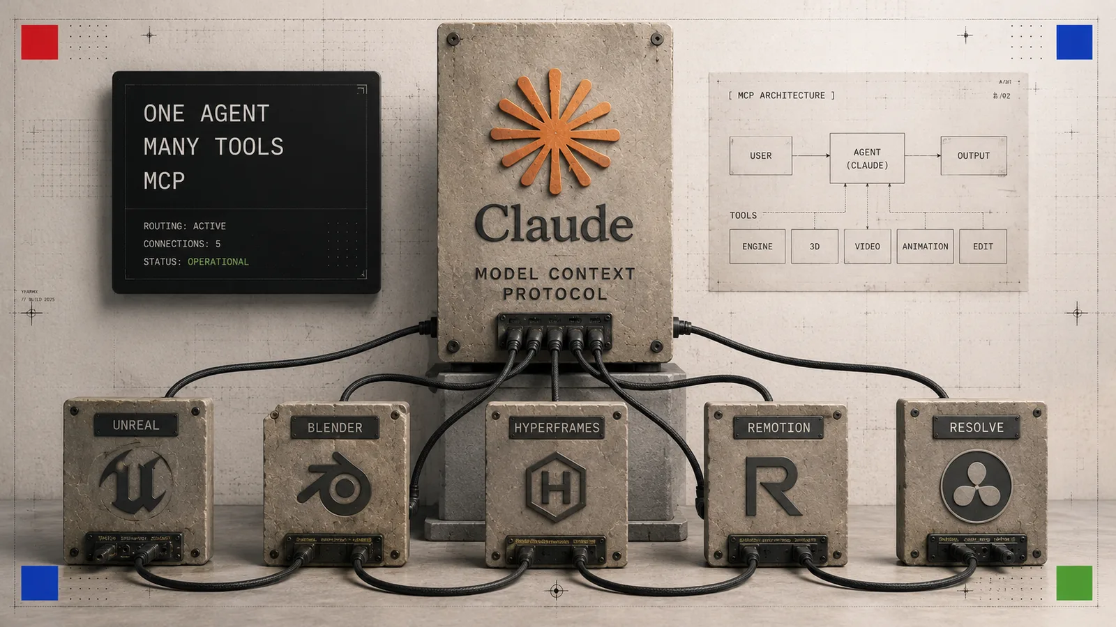 One central Claude MCP hub wired by cables to five labelled tool blocks: Unreal, Blender, HyperFrames, Remotion and Resolve