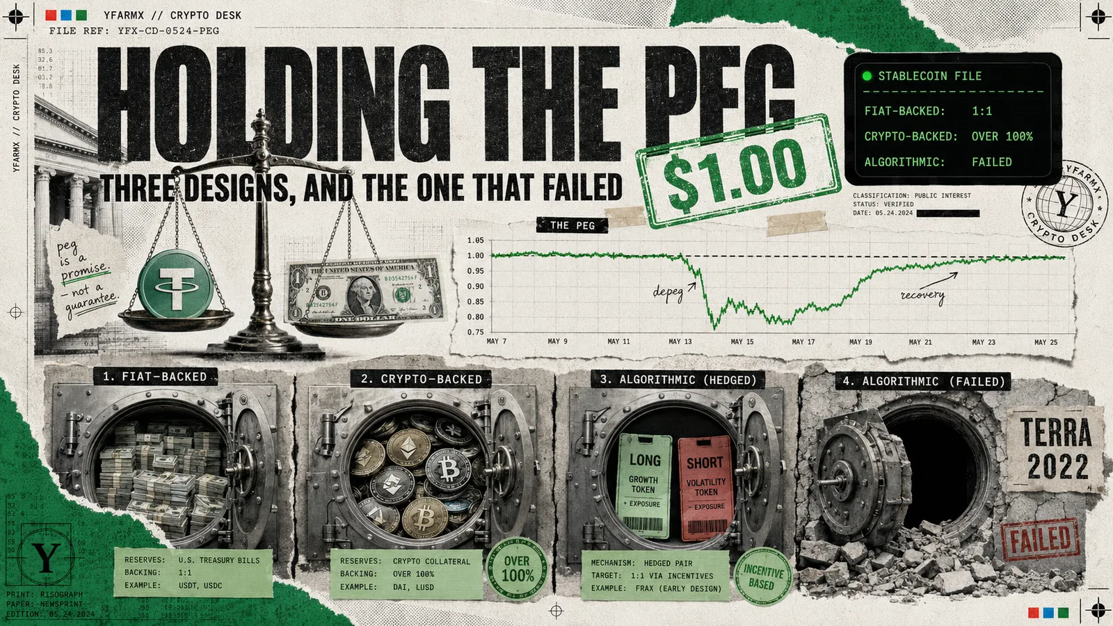 Editorial illustration: how stablecoins hold their dollar peg, three designs and the one that failed