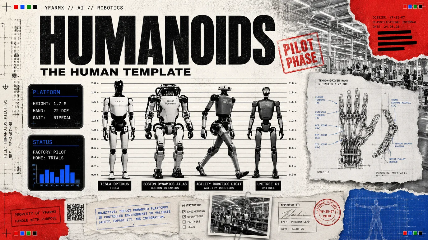 YFarmX explainer plate: Humanoid robots, the human template, and why every lab is copying it