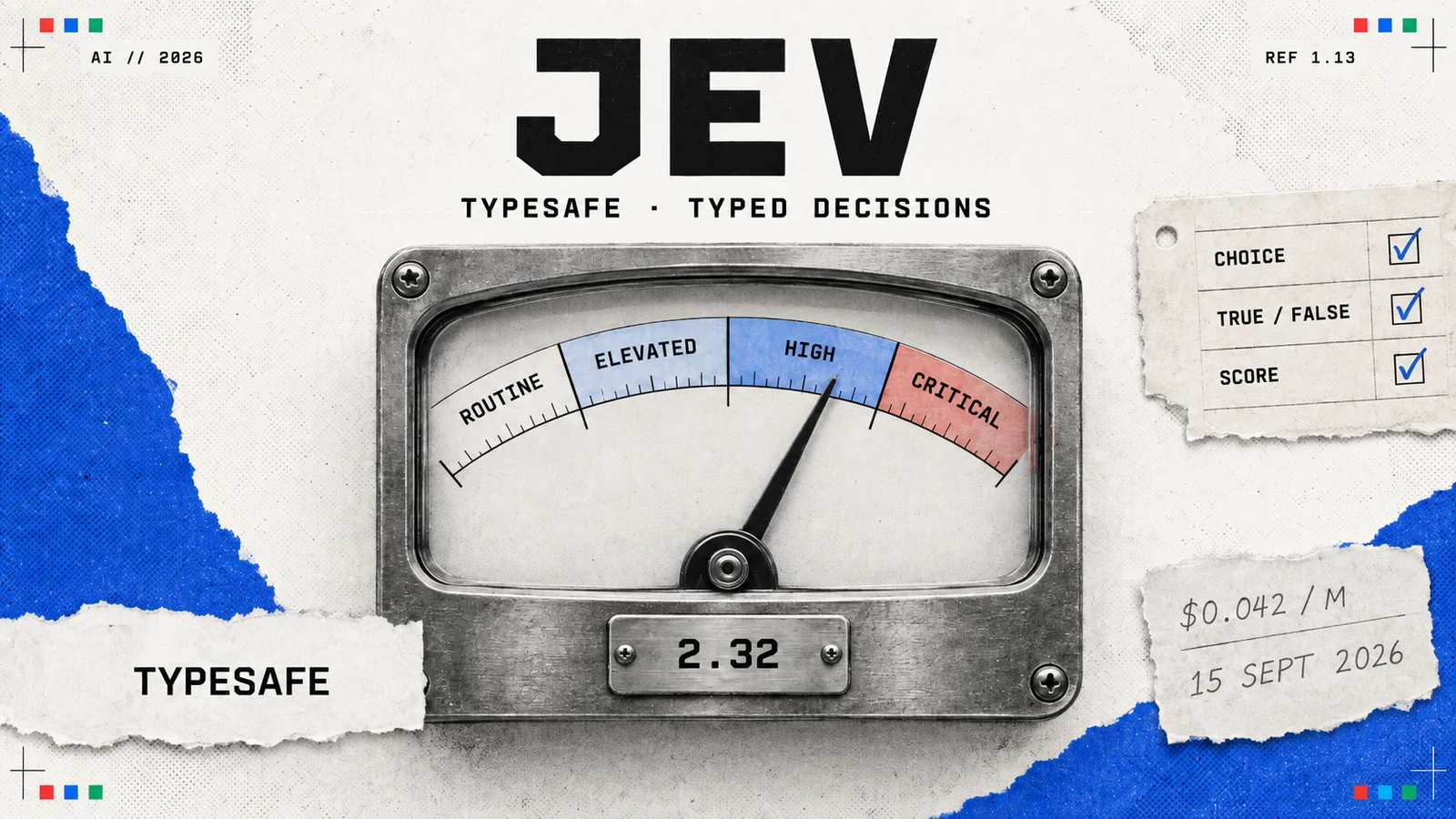 Editorial illustration: the TypeSafe Jev decision model, typed questions in and calibrated probabilities out