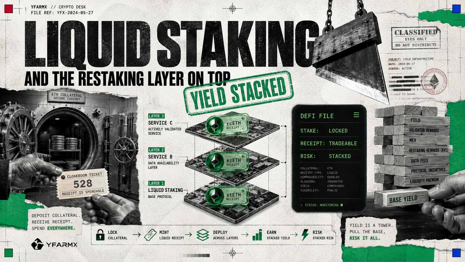 Editorial illustration: liquid staking and the restaking layer built on top of it