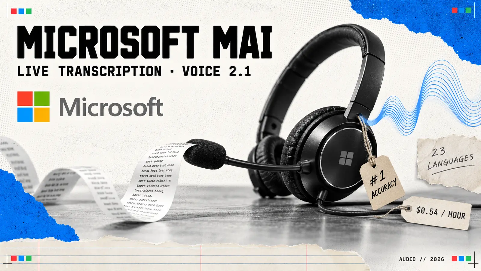 Editorial collage headed Microsoft MAI, with a black headset on a desk whose microphone spills a curling paper transcript and whose earcup sends out blue sound waves, the Microsoft logo, and tags reading #1 accuracy, 23 languages and $0.54 an hour; the subtitle reads live transcription and Voice 2.1.