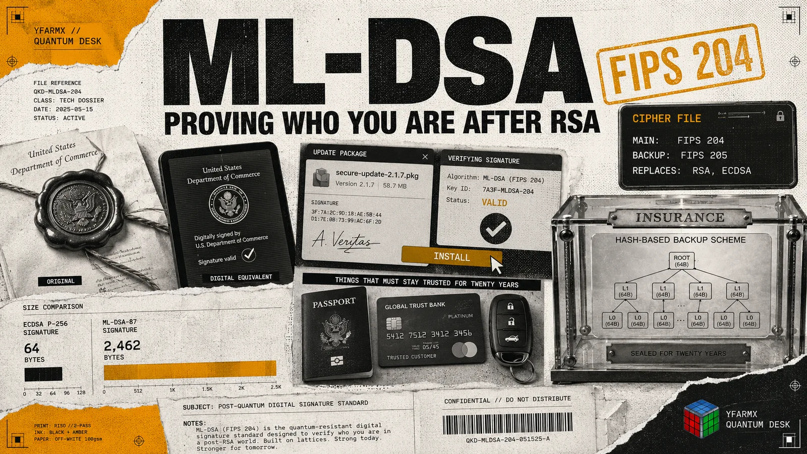 Editorial illustration: ML-DSA (FIPS 204), the post-quantum digital signature standard replacing RSA and ECDSA