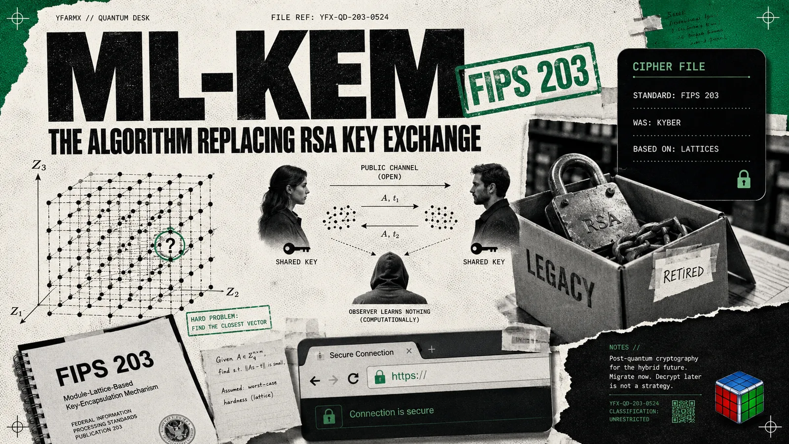 Editorial illustration: ML-KEM (FIPS 203), the post-quantum algorithm replacing RSA key exchange