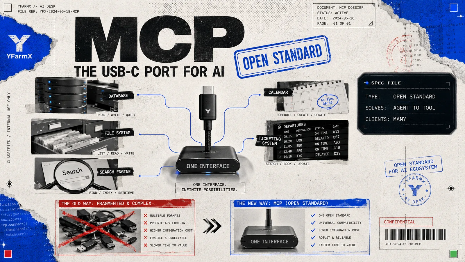 Editorial illustration: Model Context Protocol (MCP), the open standard connecting AI agents to tools