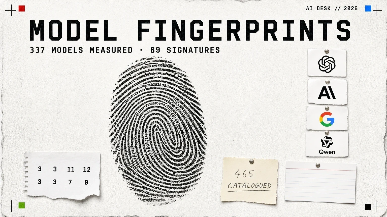 Editorial collage headed MODEL FINGERPRINTS with the subtitle 337 models measured, 69 signatures: one large inked thumbprint on newsprint whose ridges are formed from printed digits, a torn spec sheet carrying two rows of token counts, a pencilled note reading 465 catalogued, a blank index card, and pinned paper chips showing the OpenAI, Anthropic, Google and Qwen logos