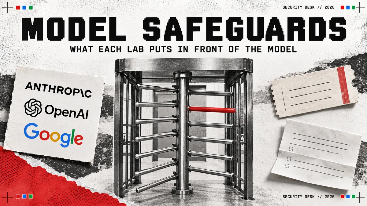 Editorial illustration: MODEL SAFEGUARDS over a heavy turnstile gate with one bar painted red, with the Anthropic, OpenAI and Google logos