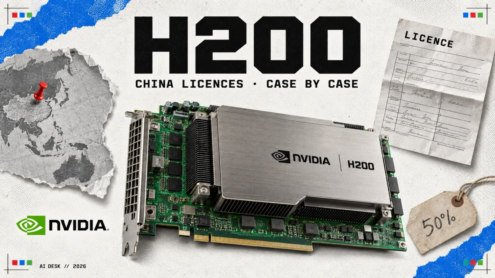 Editorial collage: an Nvidia H200 GPU module with its green circuit board, headlined H200, China licences, case by case, with an export licence form, a torn map pinned on China and a tag pencilled 50%
