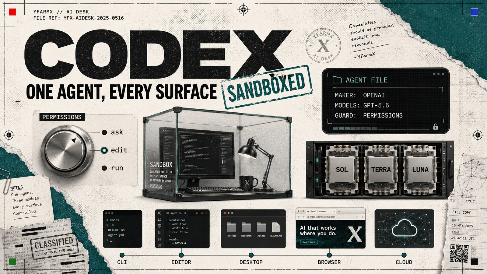 Editorial illustration: OpenAI Codex, the sandboxed coding agent across terminal, IDE and cloud