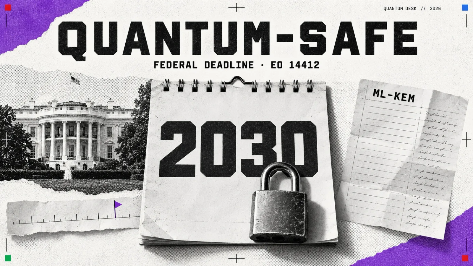 Editorial collage: a huge calendar leaf printed 2030 with a steel padlock on its lower edge, headlined QUANTUM-SAFE, federal deadline, EO 14412, with the White House portico and a spec sheet headed ML-KEM