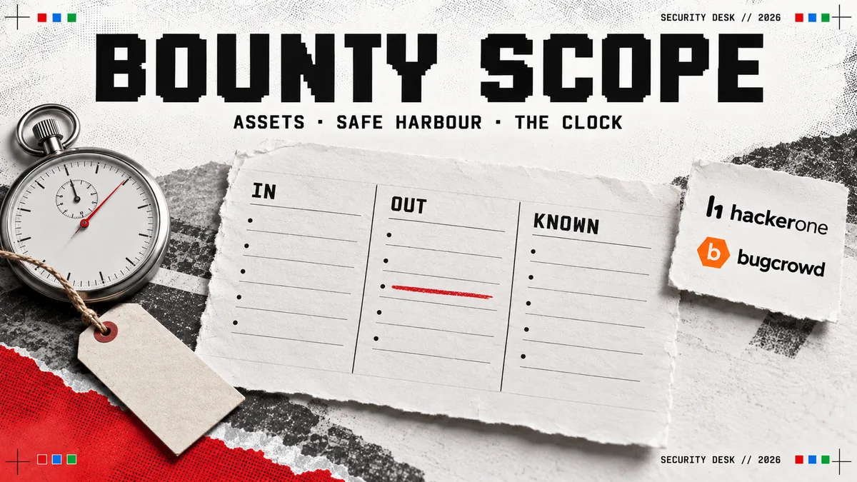 Editorial illustration: BOUNTY SCOPE over a printed programme policy with IN, OUT and KNOWN lists and a stopwatch, with the HackerOne and Bugcrowd logos