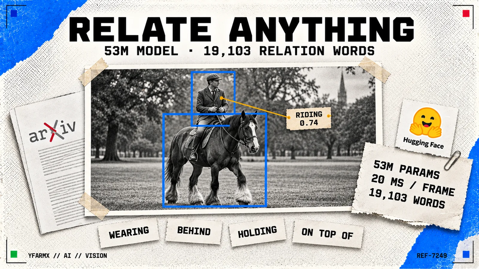 YFarmX editorial collage on off-white newsprint with torn blue corners. The headline RELATE ANYTHING runs across the top, with the line 53M MODEL · 19,103 RELATION WORDS beneath it. A taped-down black-and-white photograph fills the centre, showing a man in a flat cap and tweed riding a heavy horse across a park. A blue rectangle is drawn around the rider and another around the horse, joined by an amber line carrying a small paper tag that reads RIDING 0.74. Four cut paper slips lie below the photograph reading WEARING, BEHIND, HOLDING and ON TOP OF. A torn spec sheet on the right reads 53M PARAMS, 20 MS / FRAME and 19,103 WORDS, with a Hugging Face sticker above it, and an arXiv preprint page sits at the left.