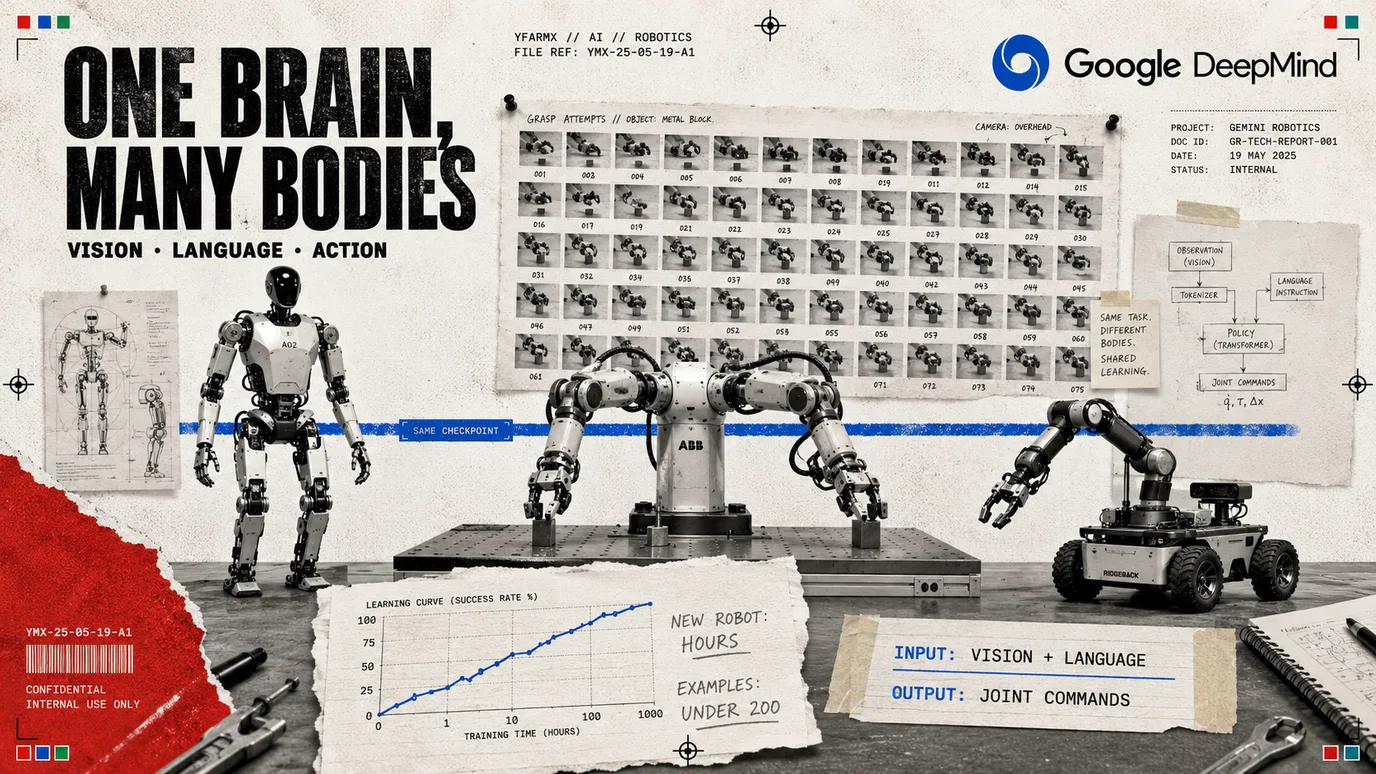 YFarmX explainer plate: Robot foundation models, one brain, many bodies