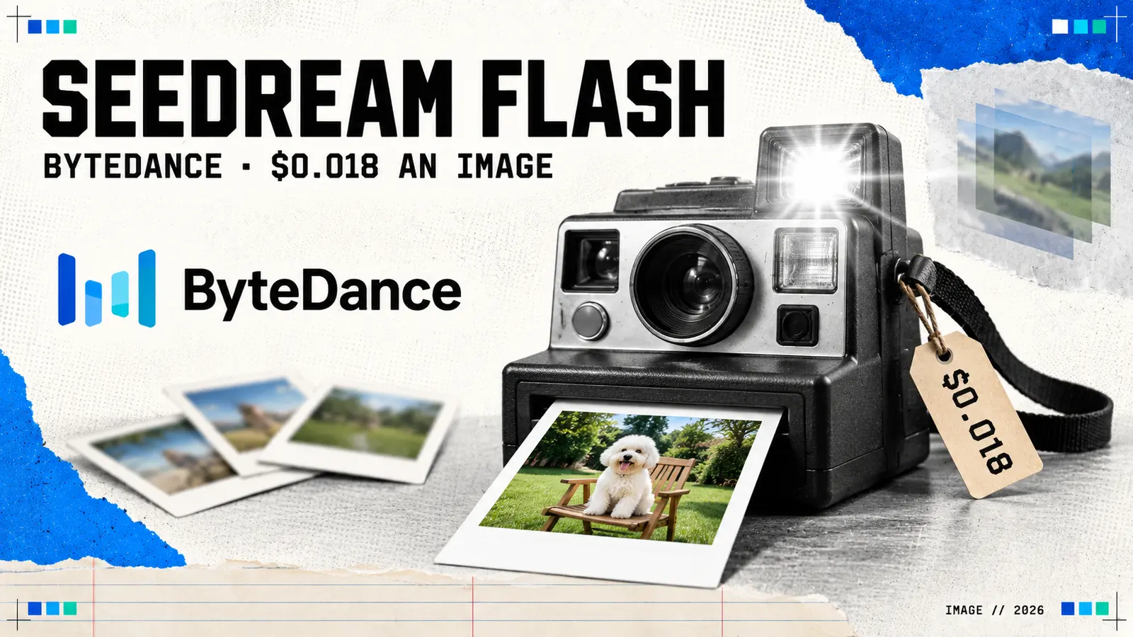 Editorial collage headed Seedream Flash, with an instant camera firing its flash as a print of a white dog on a wooden chair slides out, the ByteDance logo, scattered prints, offset transparent layers and a price tag reading $0.018; the subtitle reads ByteDance, $0.018 an image.