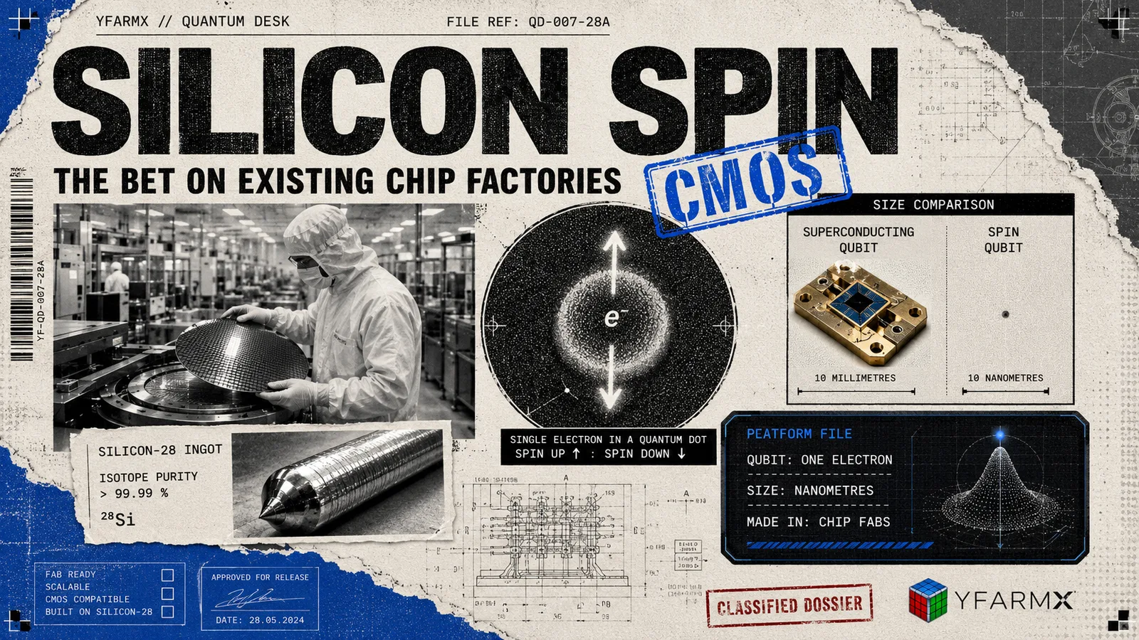 Editorial illustration: silicon spin qubits and the bet on existing CMOS chip factories