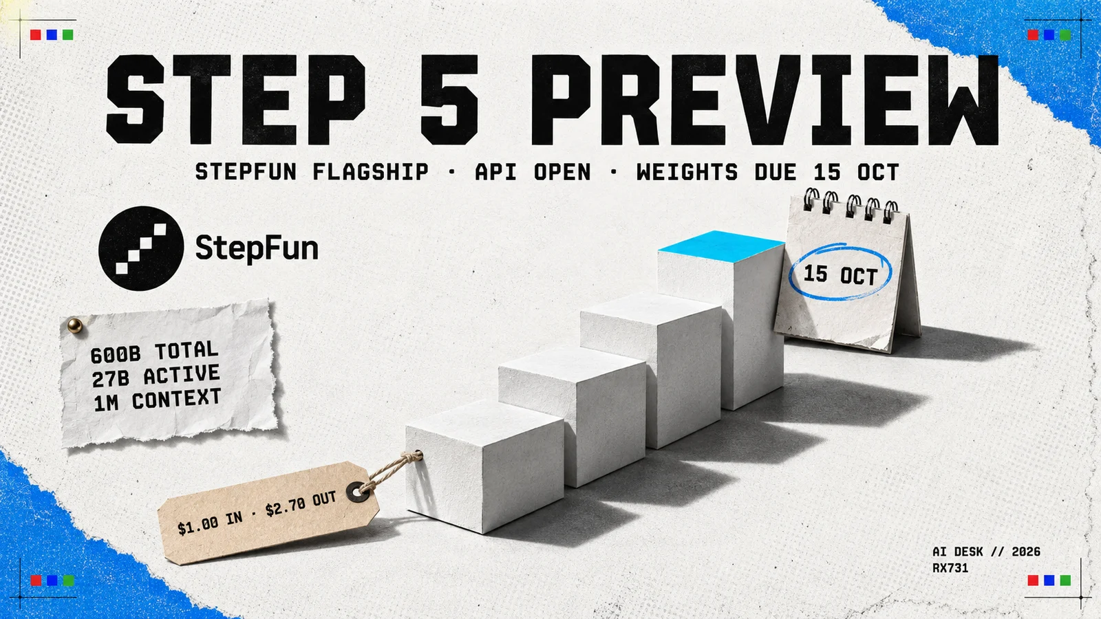 Editorial collage on off-white newsprint with torn blue corners: a staircase of five white paper cubes rising left to right, the top step cyan, beneath a large STEP 5 PREVIEW headline and the line STEPFUN FLAGSHIP · API OPEN · WEIGHTS DUE 15 OCT, with the StepFun logo, a torn spec sheet reading 600B TOTAL, 27B ACTIVE and 1M CONTEXT, a price tag reading $1.00 IN · $2.70 OUT and a desk calendar page circled at 15 OCT.