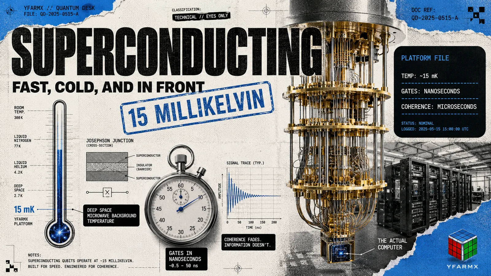 Editorial illustration: superconducting qubits cooled inside a dilution refrigerator