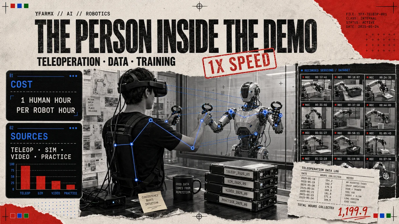 YFarmX explainer plate: Teleoperation and robot data, the person inside the demonstration