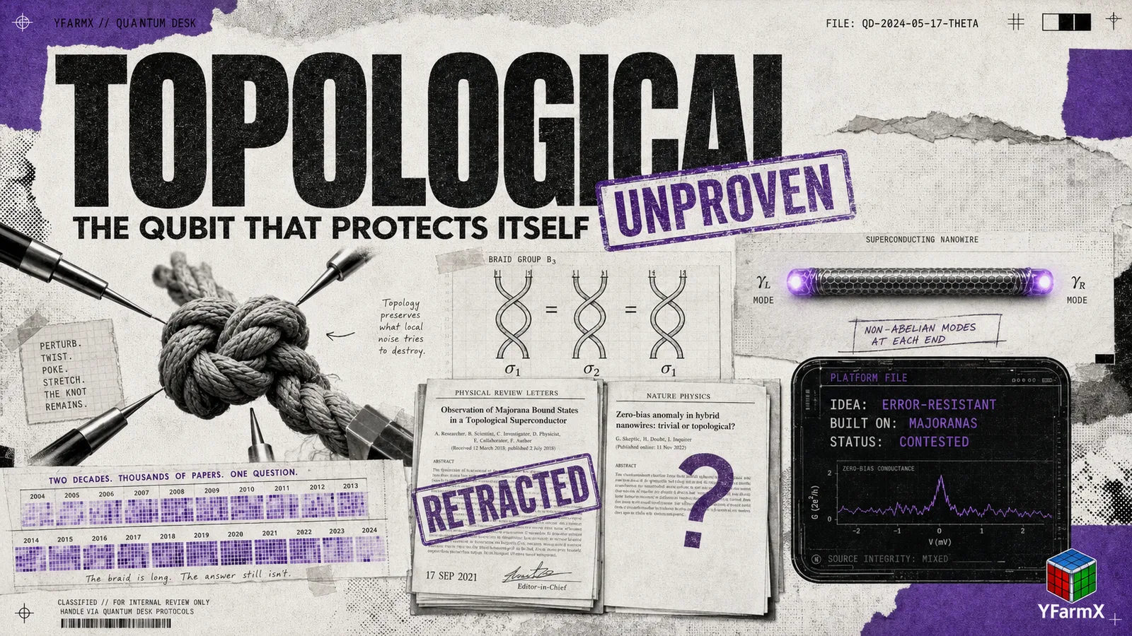 Editorial illustration: topological qubits and the unproven Majorana approach to quantum computing