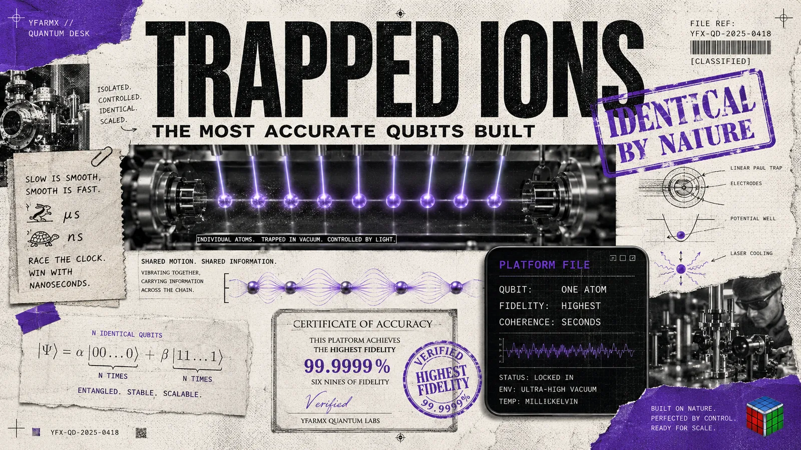 Editorial illustration: trapped-ion qubits, the most accurate quantum hardware built so far