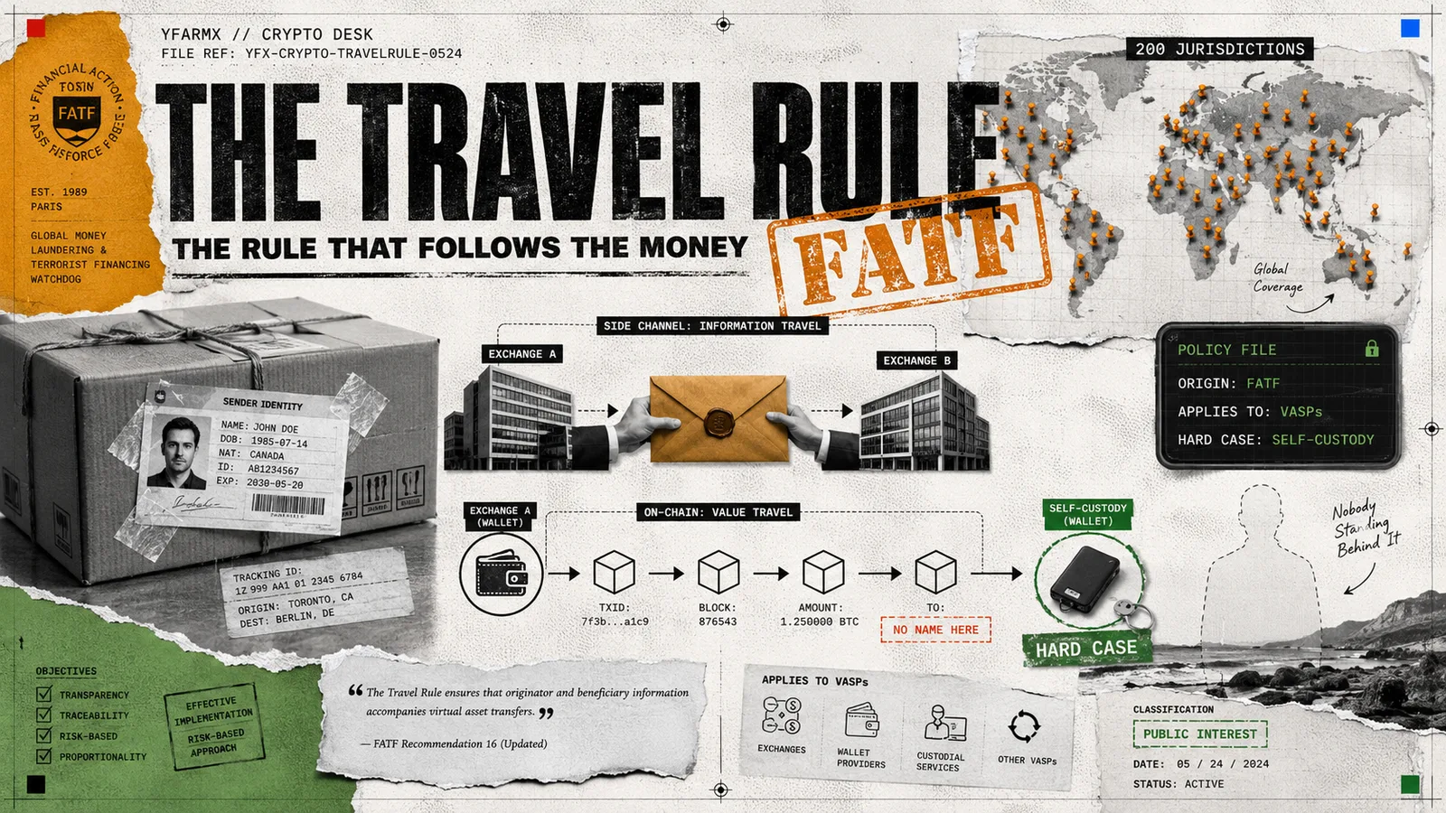 Editorial illustration: the FATF Travel Rule and crypto anti-money-laundering compliance