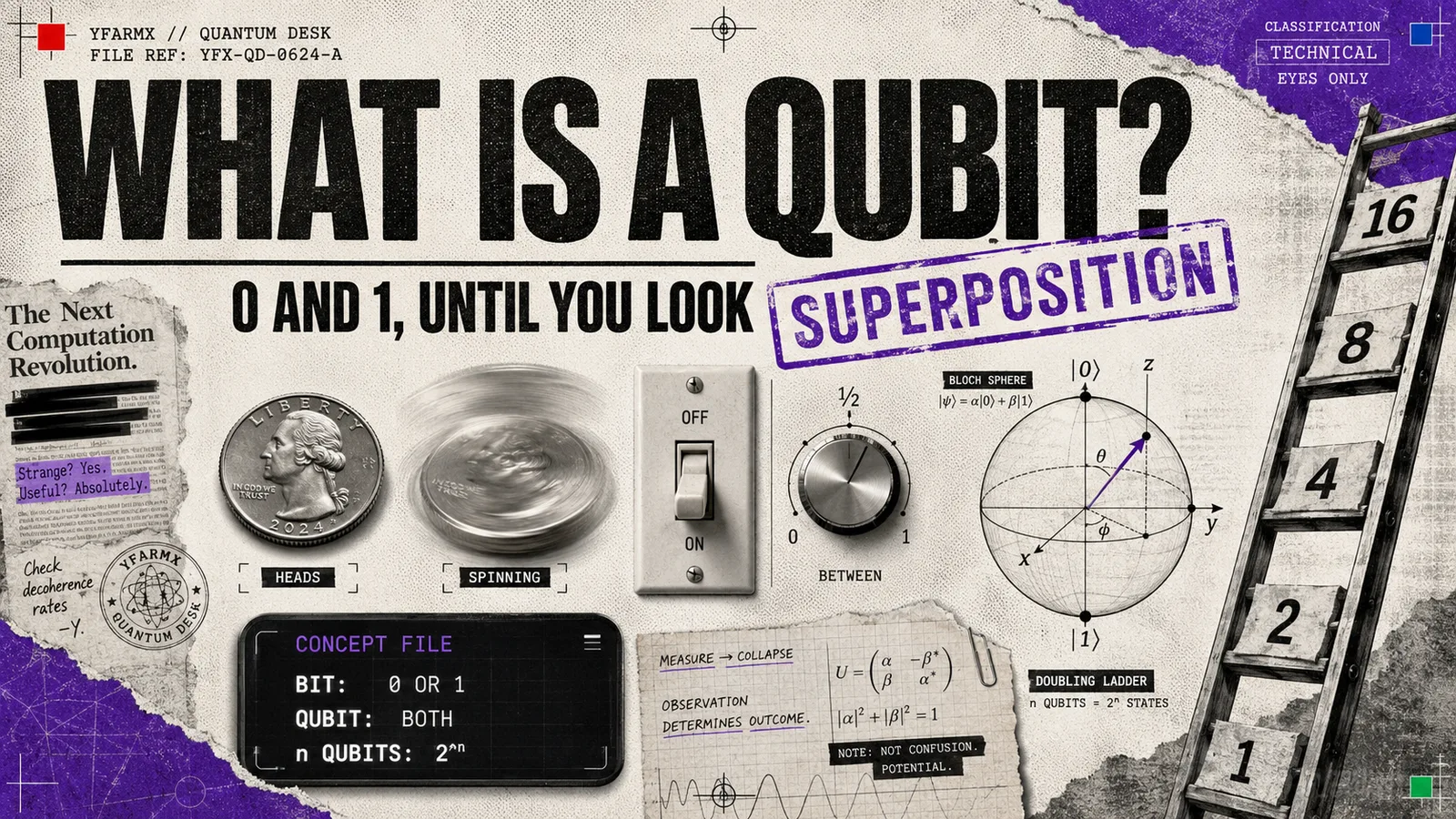Editorial illustration: what a qubit is and how it differs from a classical bit