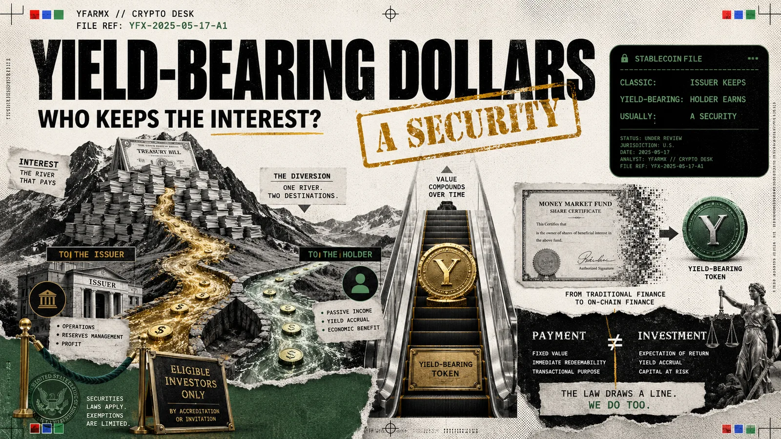 Editorial illustration: yield-bearing stablecoins and who earns the interest on reserves