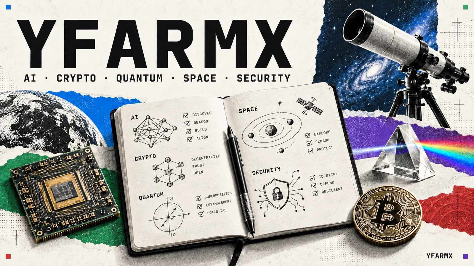 An editorial desk with technology diagrams, a chip, Bitcoin, prism and telescope.