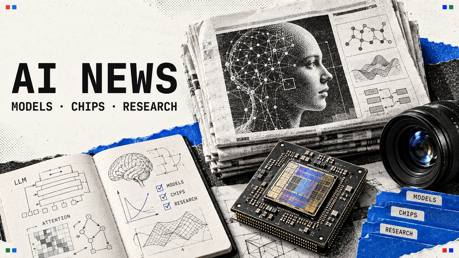 Illustrated newspapers, AI diagrams, a processor and camera lens.
