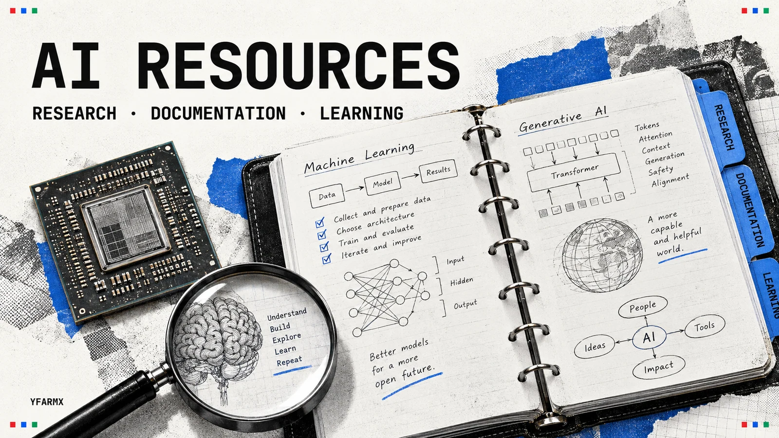 An annotated AI research binder, processor and magnifying glass.