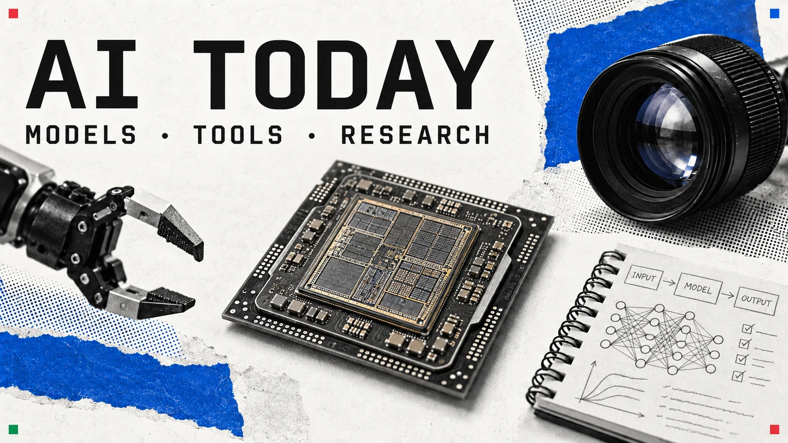 A processor with exposed circuitry, camera lens, robotic gripper and AI diagrams.