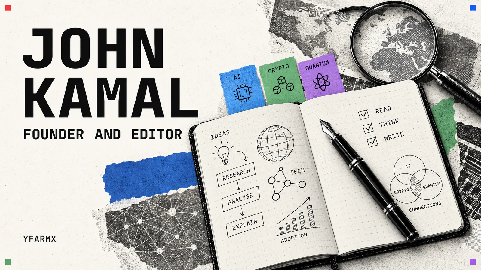 John Kamal’s name above an illustrated research notebook and fountain pen.