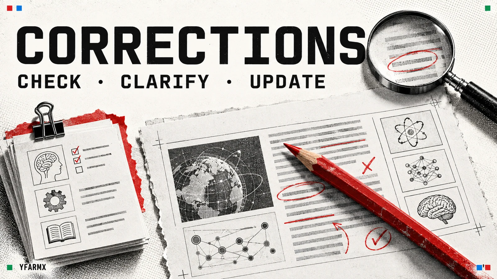 A red pencil and magnifying glass over illustrated proofs and reference cards.