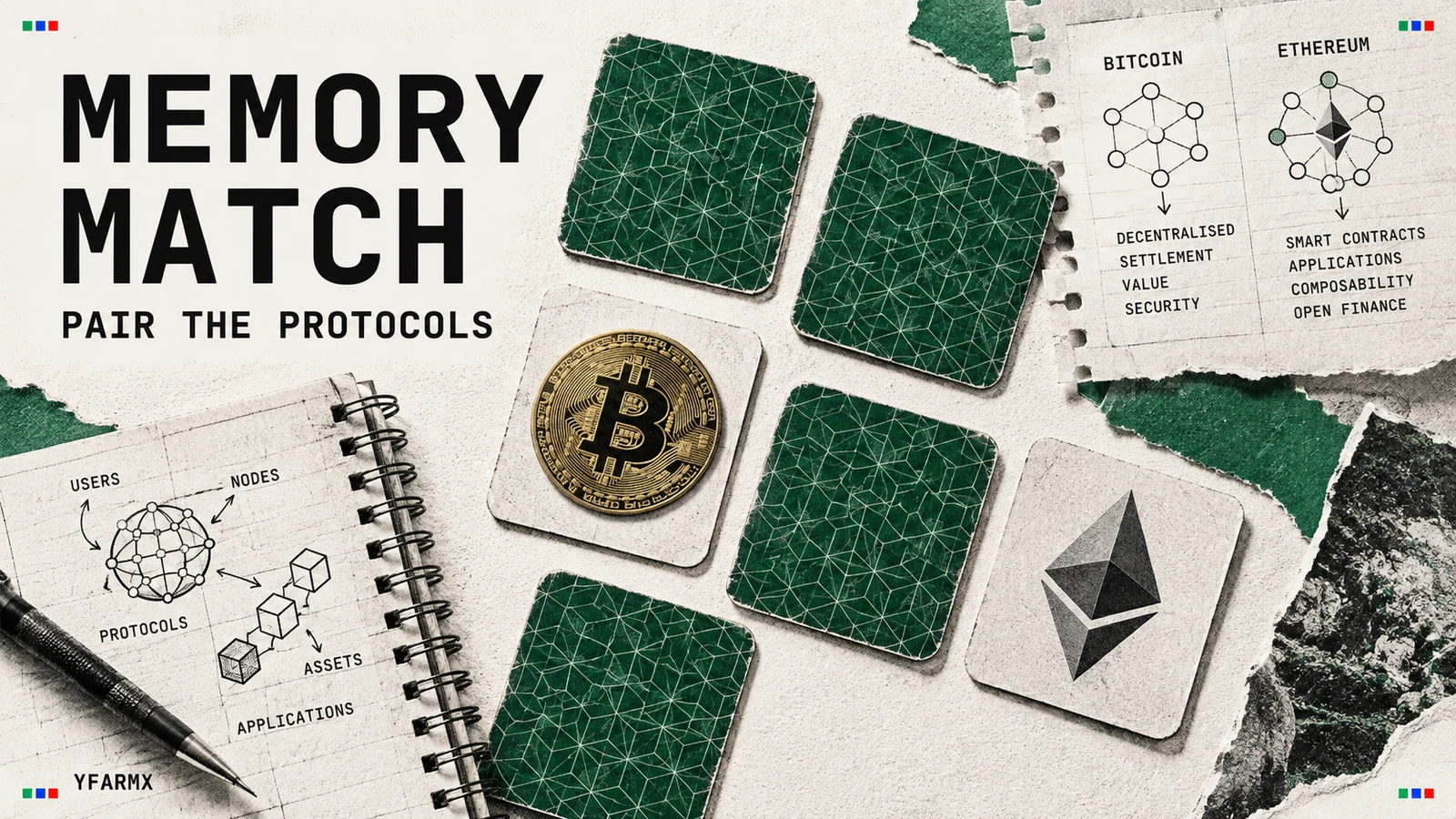 Playing cards with Bitcoin and Ethereum symbols and patterned green backs.
