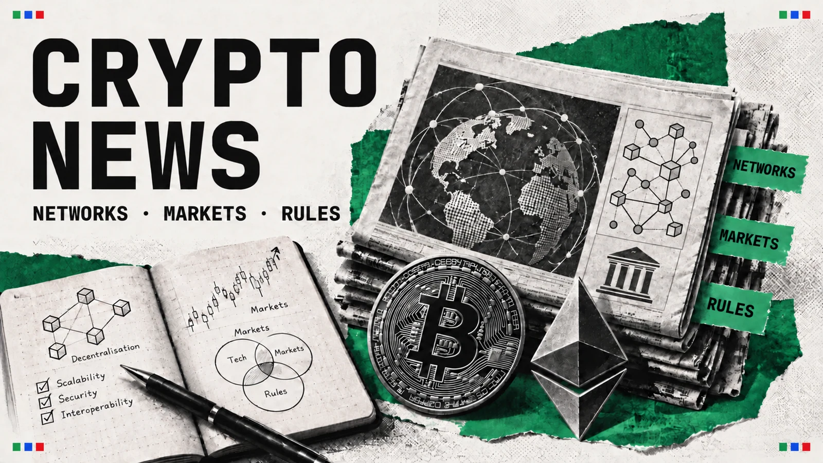 Illustrated newspapers, network diagrams and Bitcoin and Ethereum symbols.