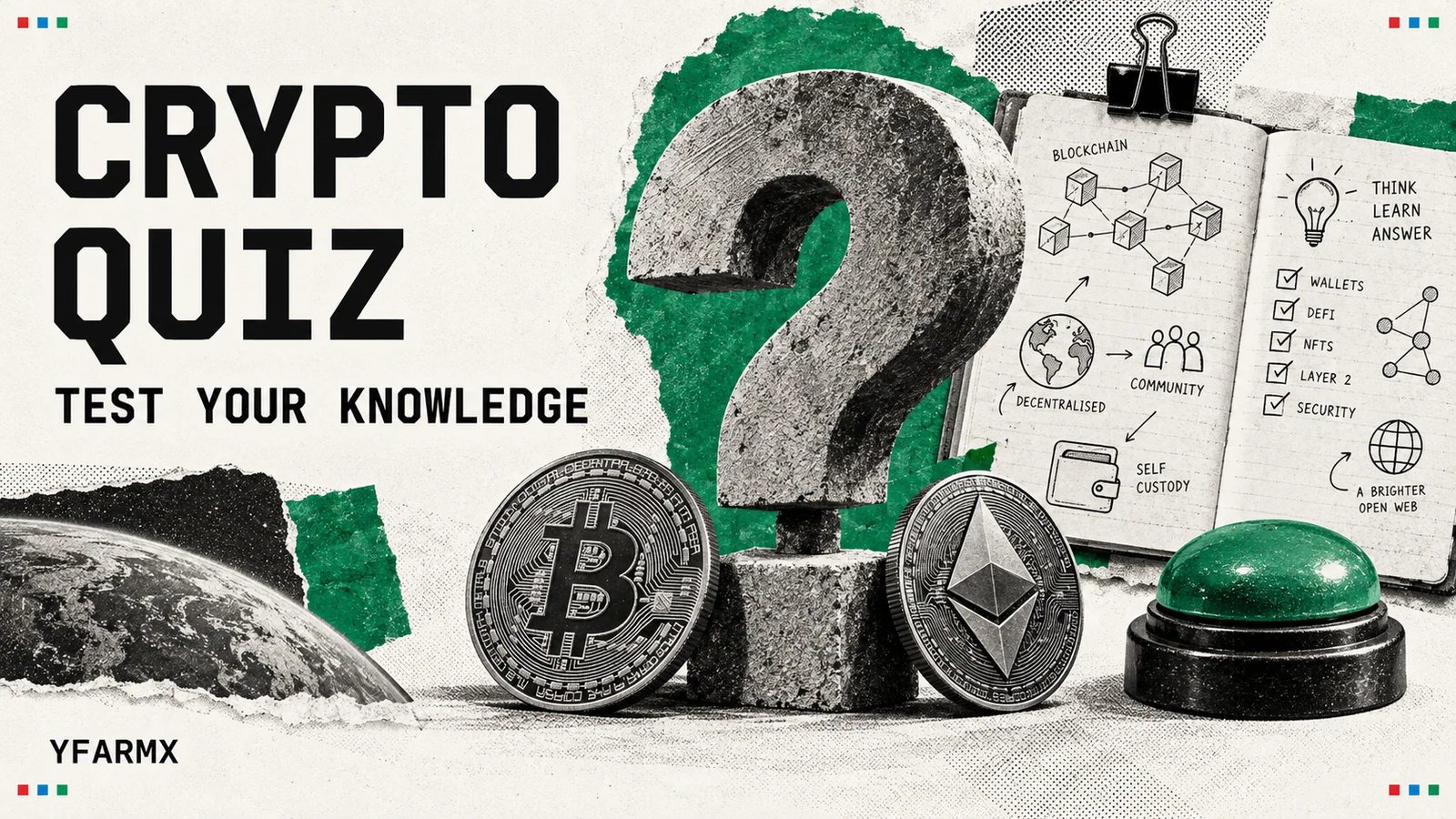 A question mark, quiz buzzer and Bitcoin and Ethereum coins.