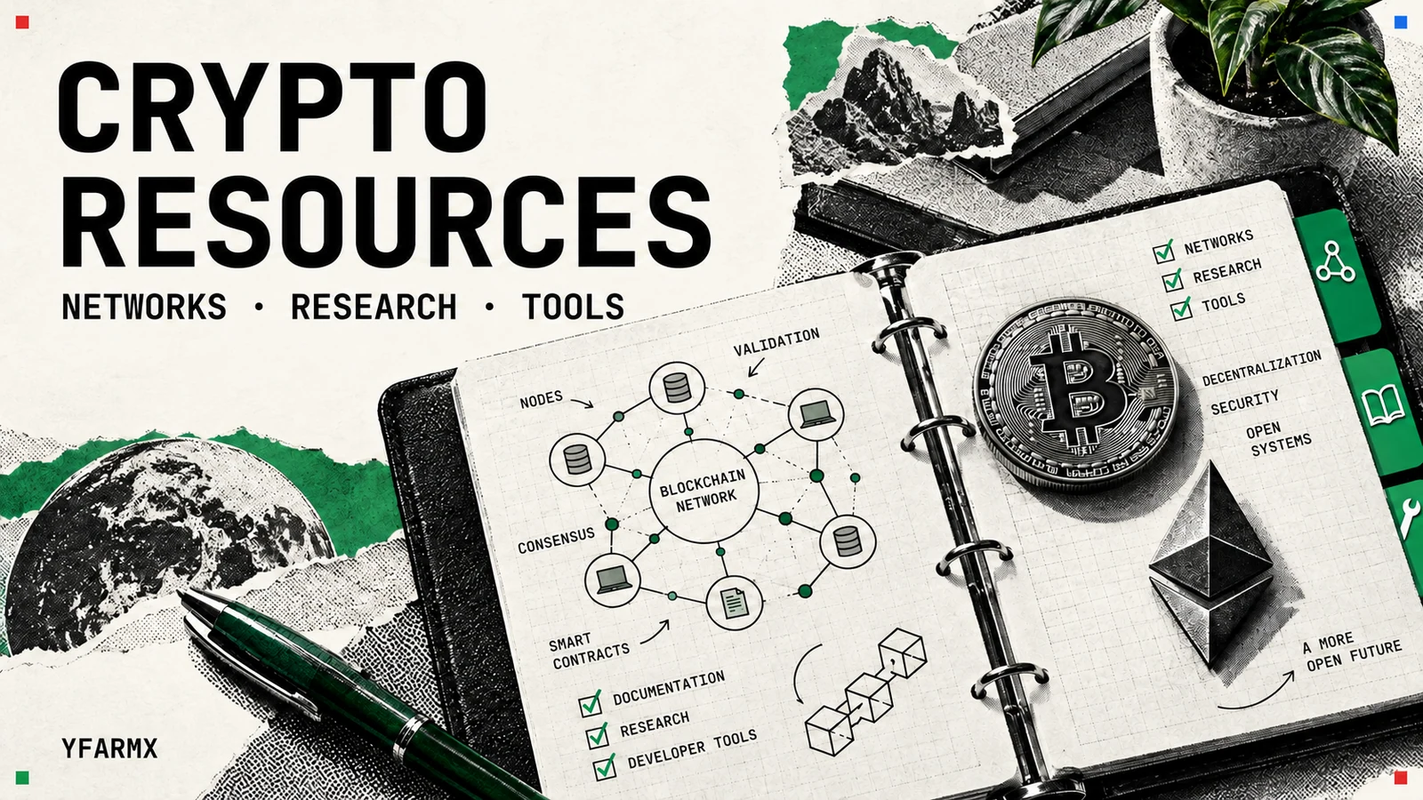 A network diagram beside Bitcoin and Ethereum symbols.
