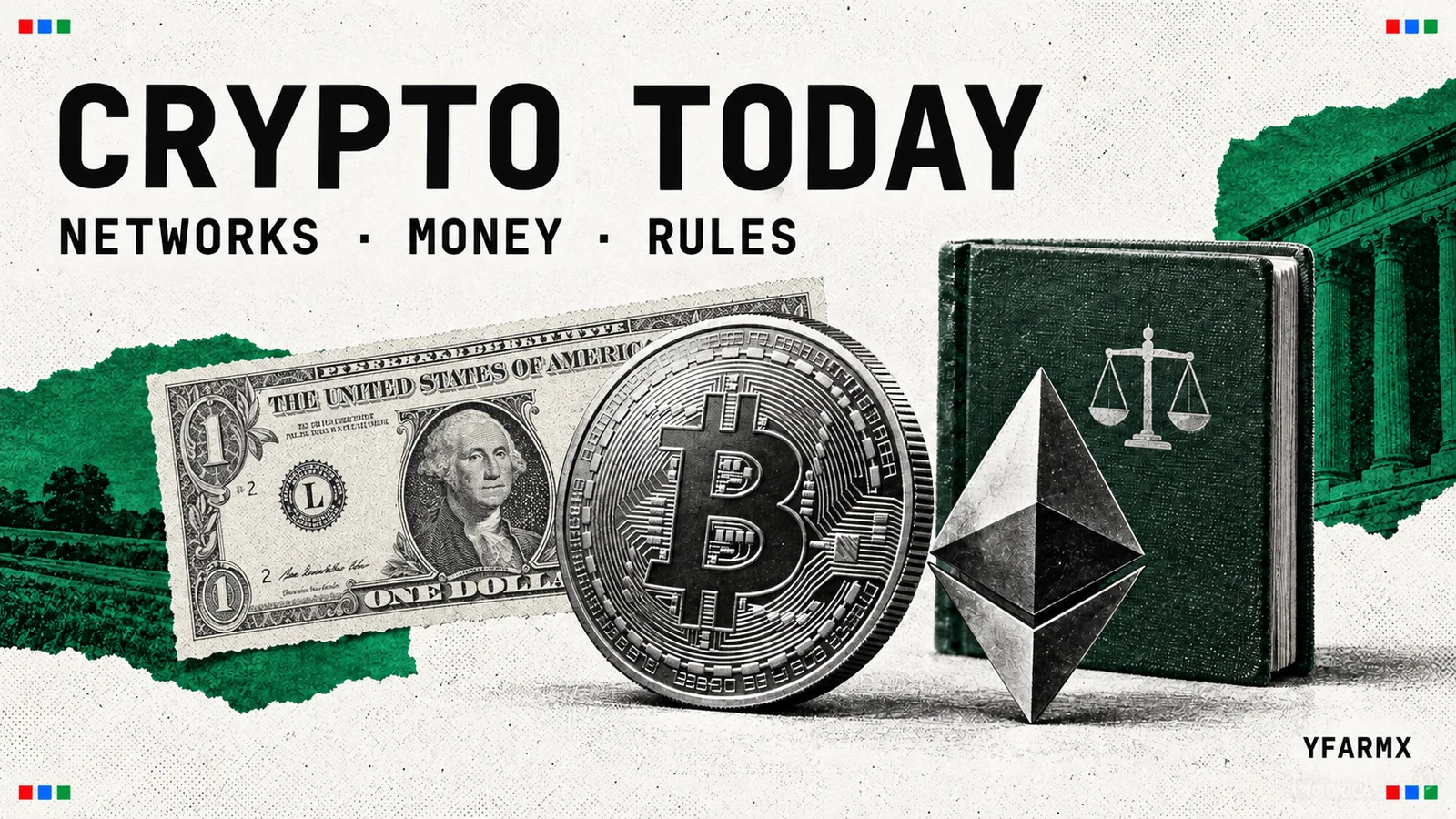Detailed banknote engraving beside Bitcoin, Ethereum and a rulebook.