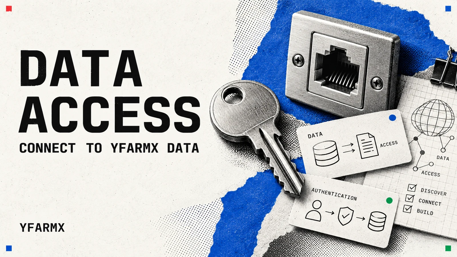 A metal key, network socket and diagrams of authenticated data access.