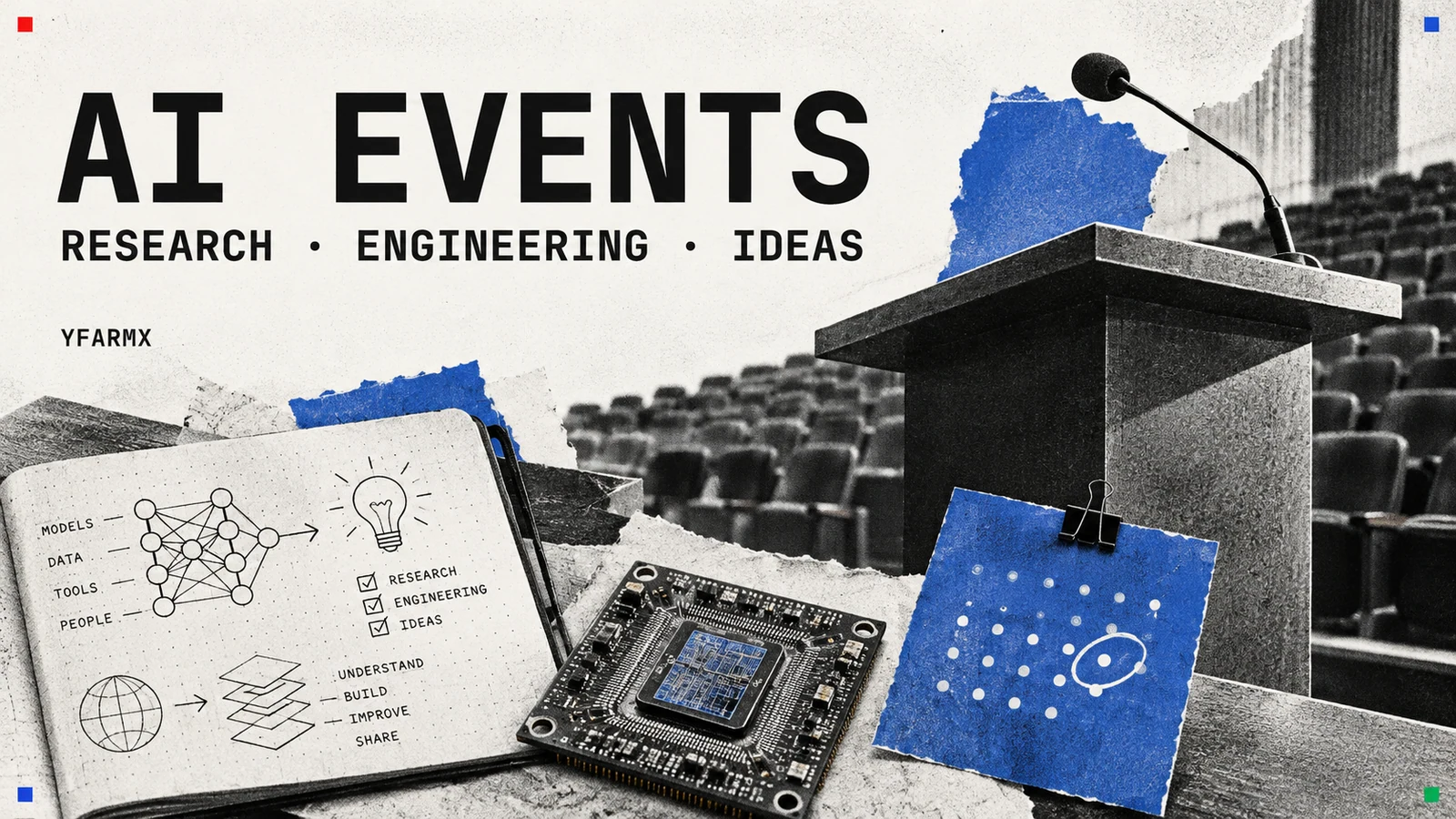 An auditorium lectern beside AI research notes and a processor.