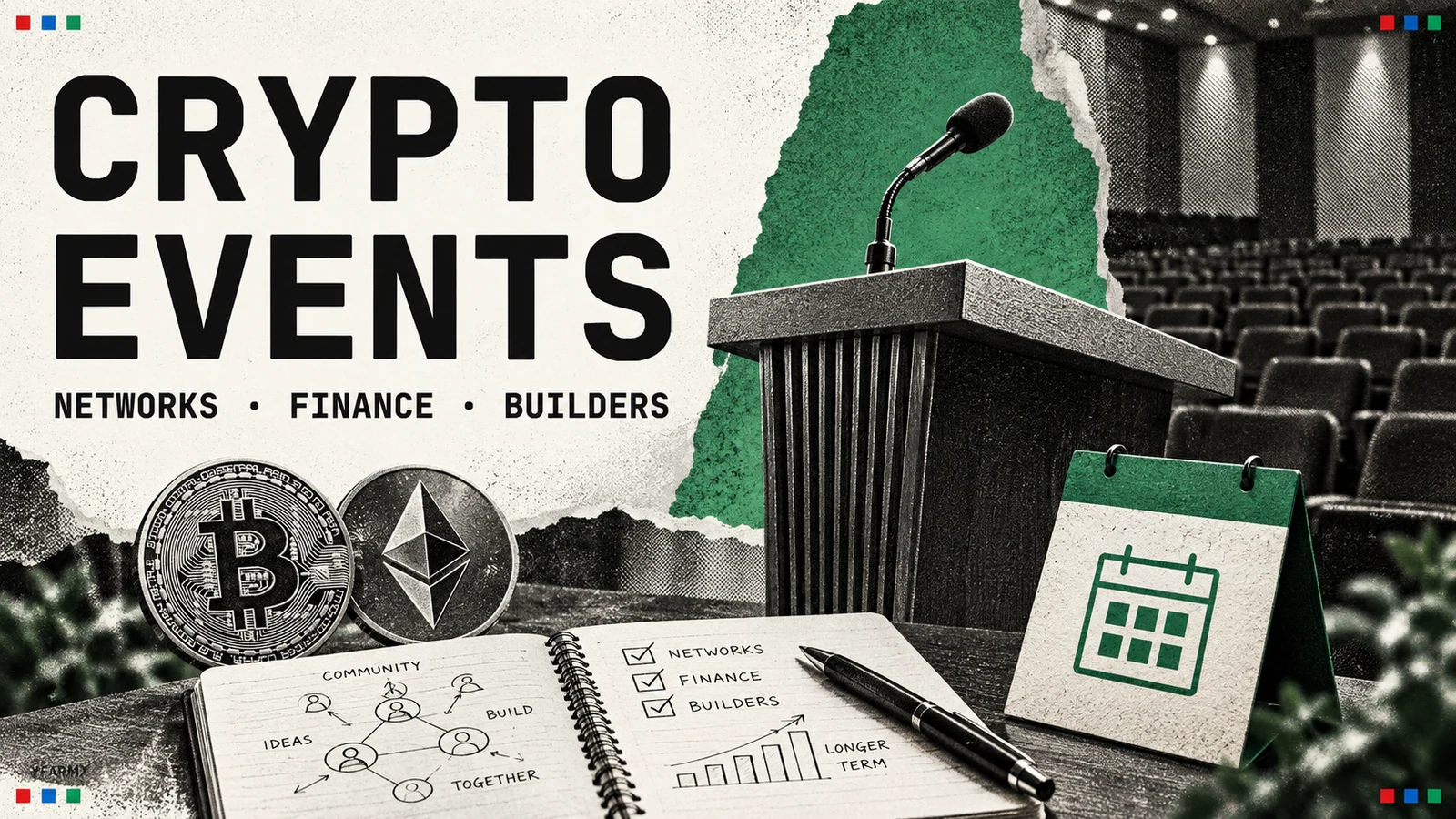 A conference lectern, crypto symbols and annotated notebook.