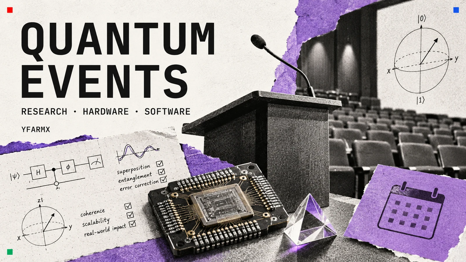 A conference lectern beside quantum hardware and research diagrams.