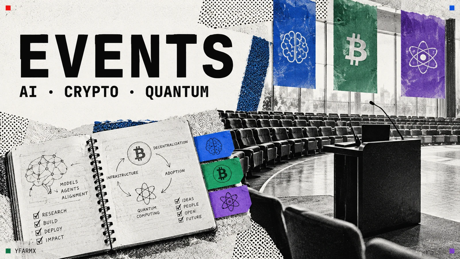 An auditorium with AI, crypto and quantum research notes.