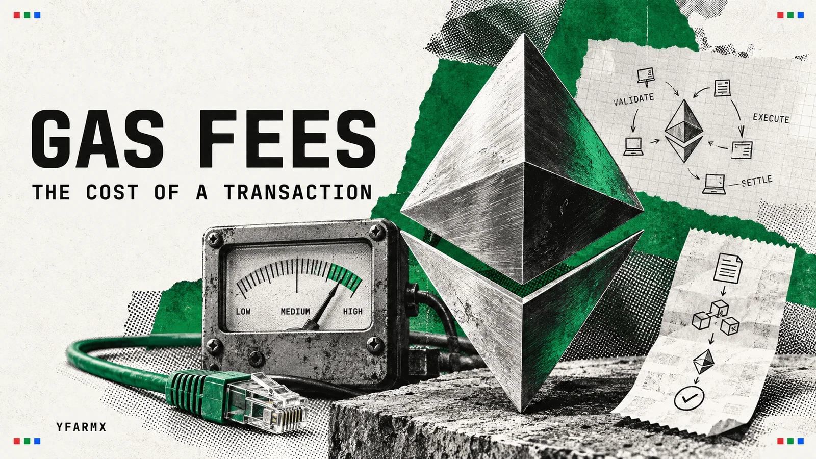 An Ethereum symbol, conceptual transaction diagrams and a fee gauge.