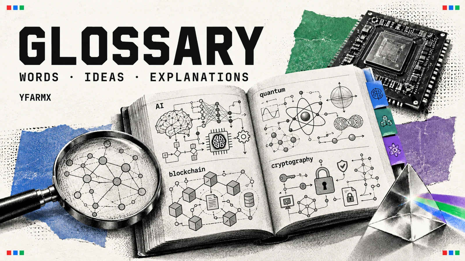 An open technology dictionary with diagrams and a magnifying glass.