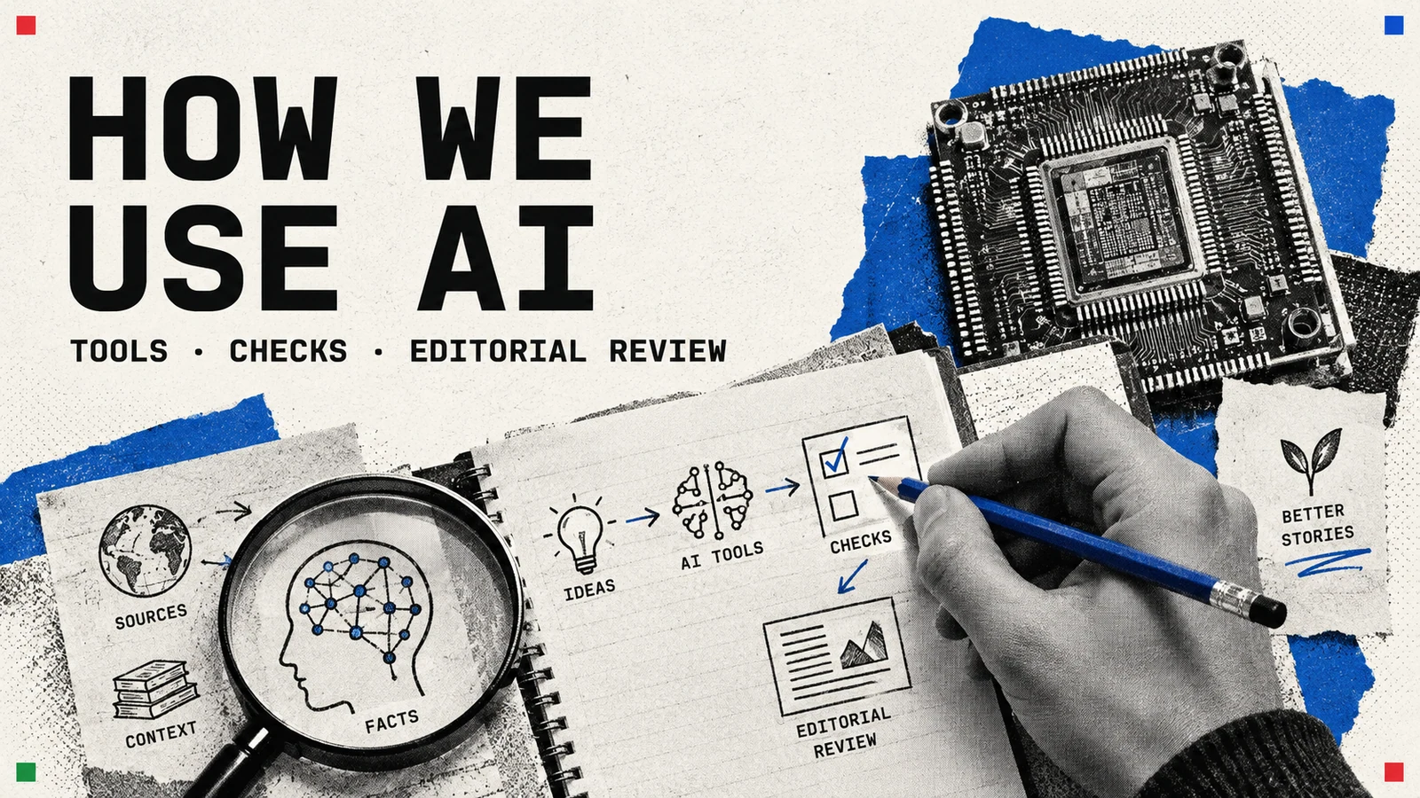 A hand reviewing illustrated research notes beside a processor.
