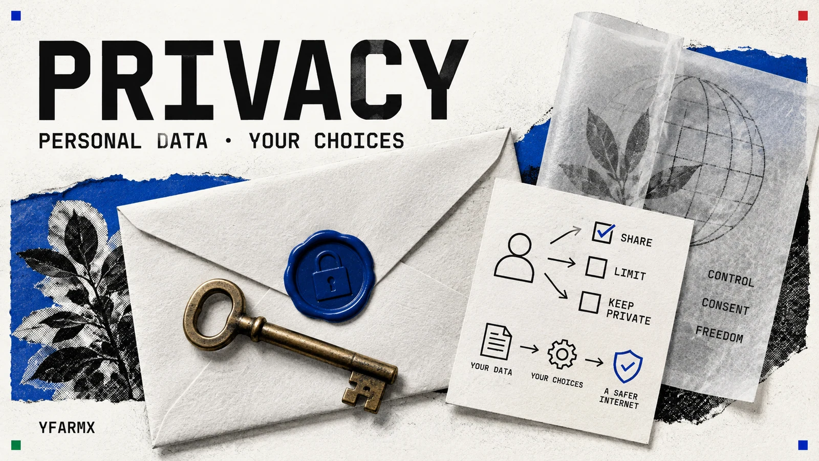 A sealed envelope, key and illustrated data choices card.