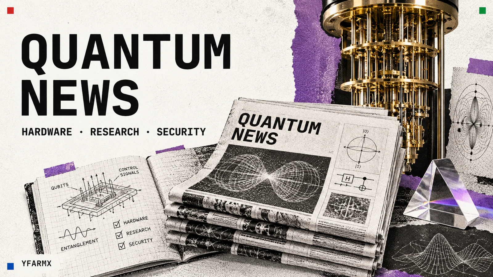 Illustrated newspapers, quantum diagrams, a cryostat and optical prism.